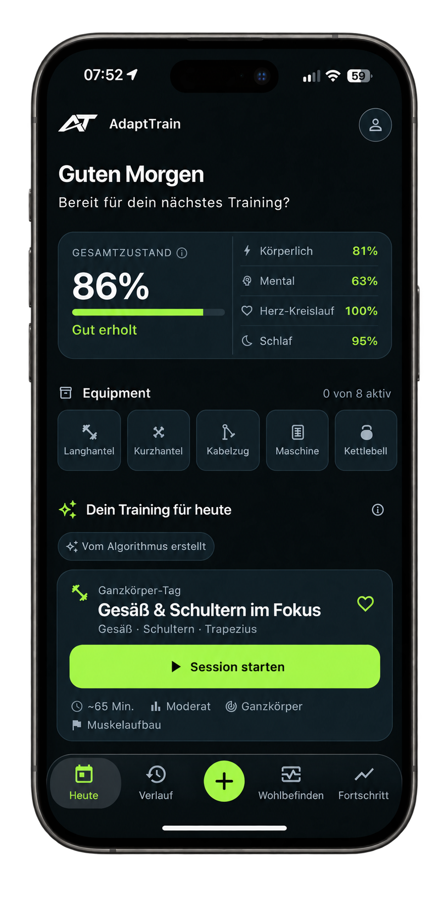AdaptTrain home screen